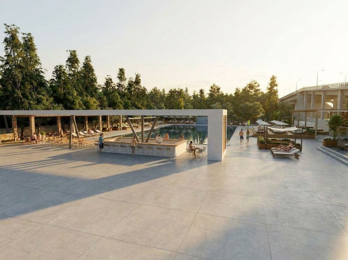 Базен и pool bar со дрвена пергола и лежалки во базенски комплекс, Велес